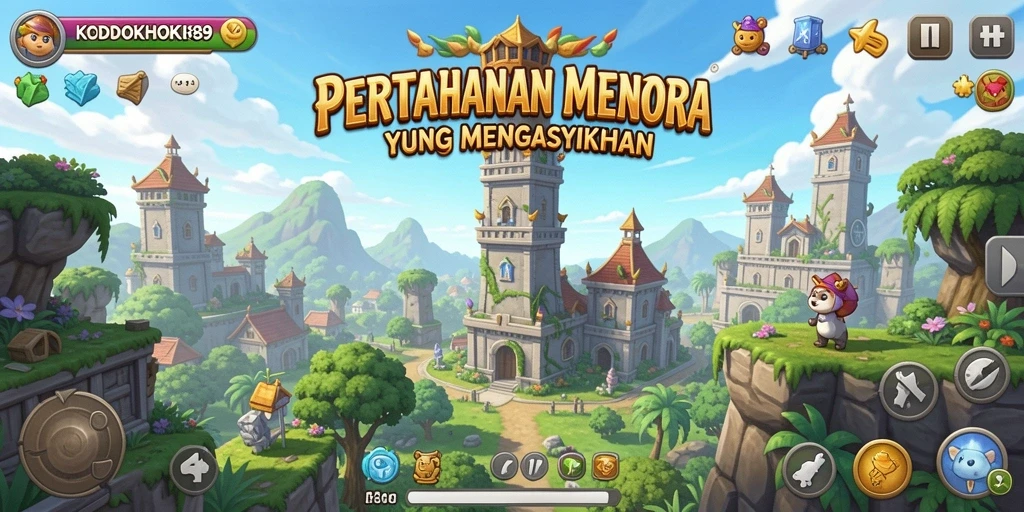 Screenshot gameplay KODOKHOKI889 menampilkan pertahanan menara yang strategis.