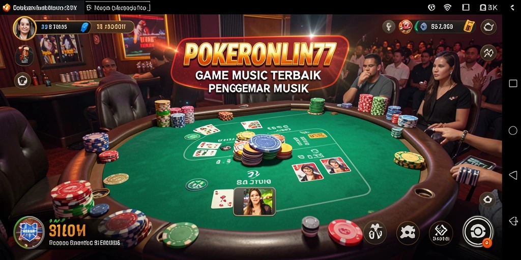 Gameplay POKERONLIN77 dengan musik yang seru dan interaktif.