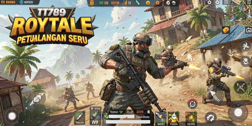Screenshot utama TT789 menampilkan aksi mendebarkan dalam pertempuran Battle Royale.