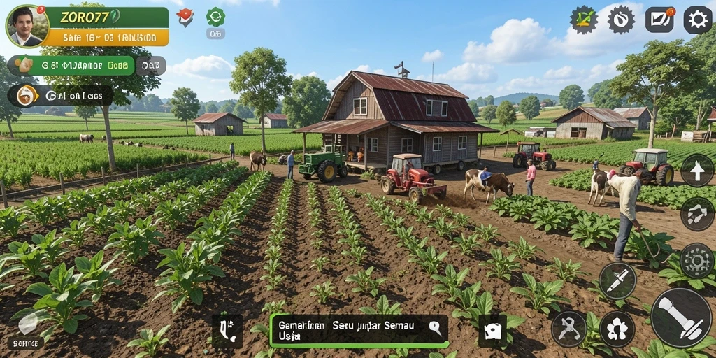 Tampilan gameplay seru dan interaktif dalam ZORO77, menunjukkan aktivitas pertanian.